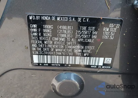 2022 Honda Hr-V Lx from USA, damaged, VIN 3CZRU6H33NM761780